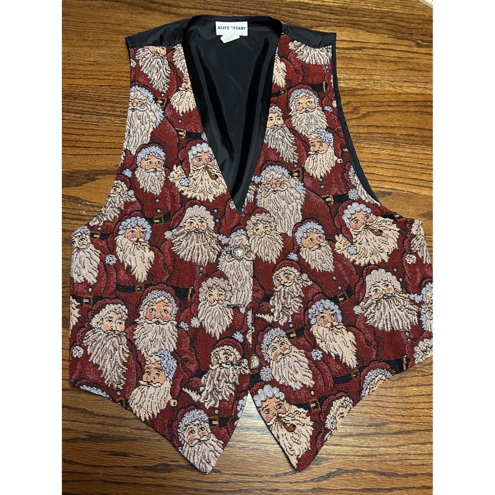 Alice Stuart Vintage Santa Claus Tapestry Christmas Vest‎ Red Black Medium 3715